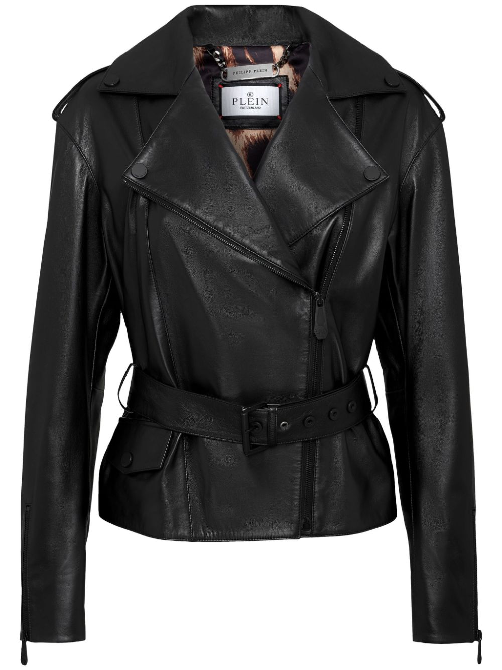 Oversize-logo belted leather-jacket - Black