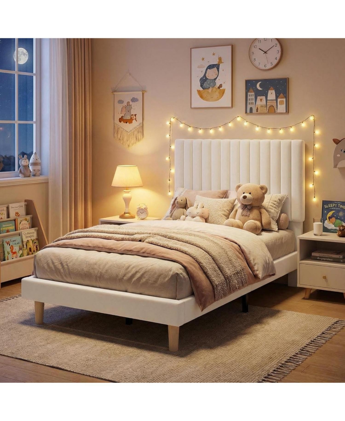 Upholstered Platform Bed with Adjustable Tufted Headboard and Slat Support - Beige/Khaki