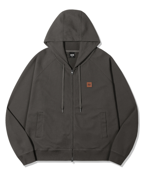 Leather Patch Waffle Hooded Zip-Up_Charcoal