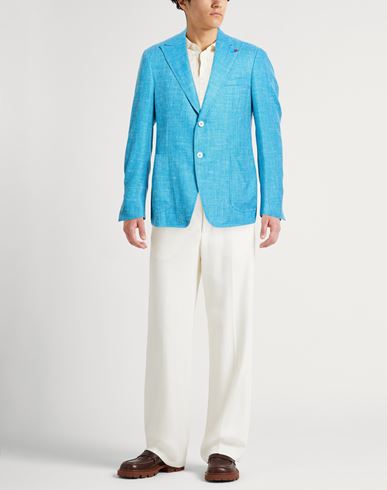 Man Blazer Azure Size 40 Wool, Silk, Linen, Polyamide