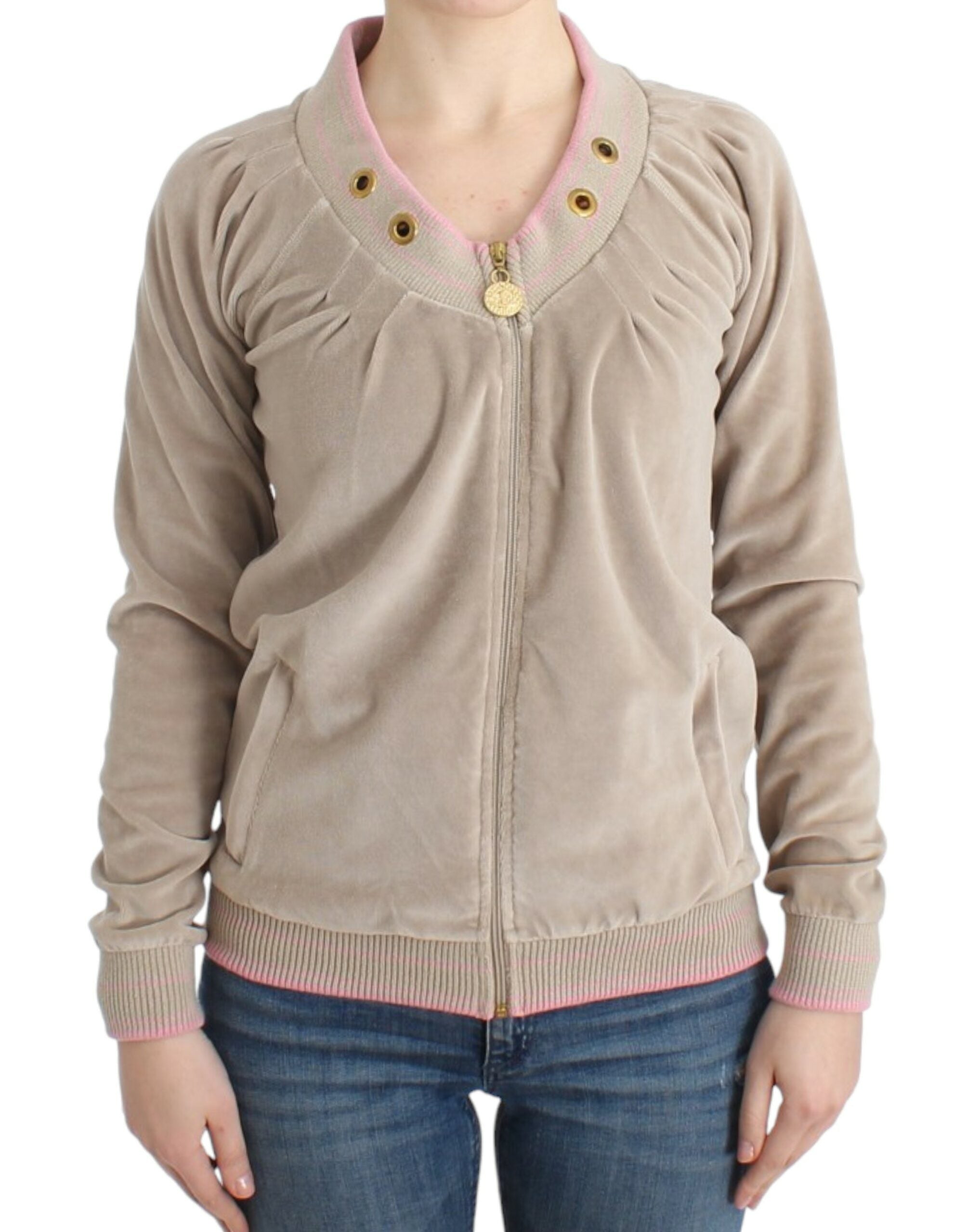 Zip-Front Cotton Cardigan — Beige