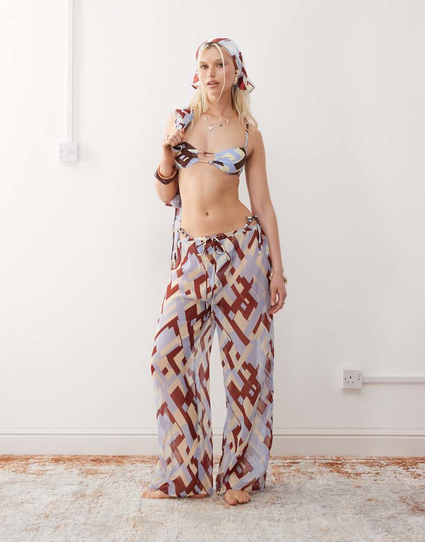 Pull on sheer beach trouser in geo print-Multi