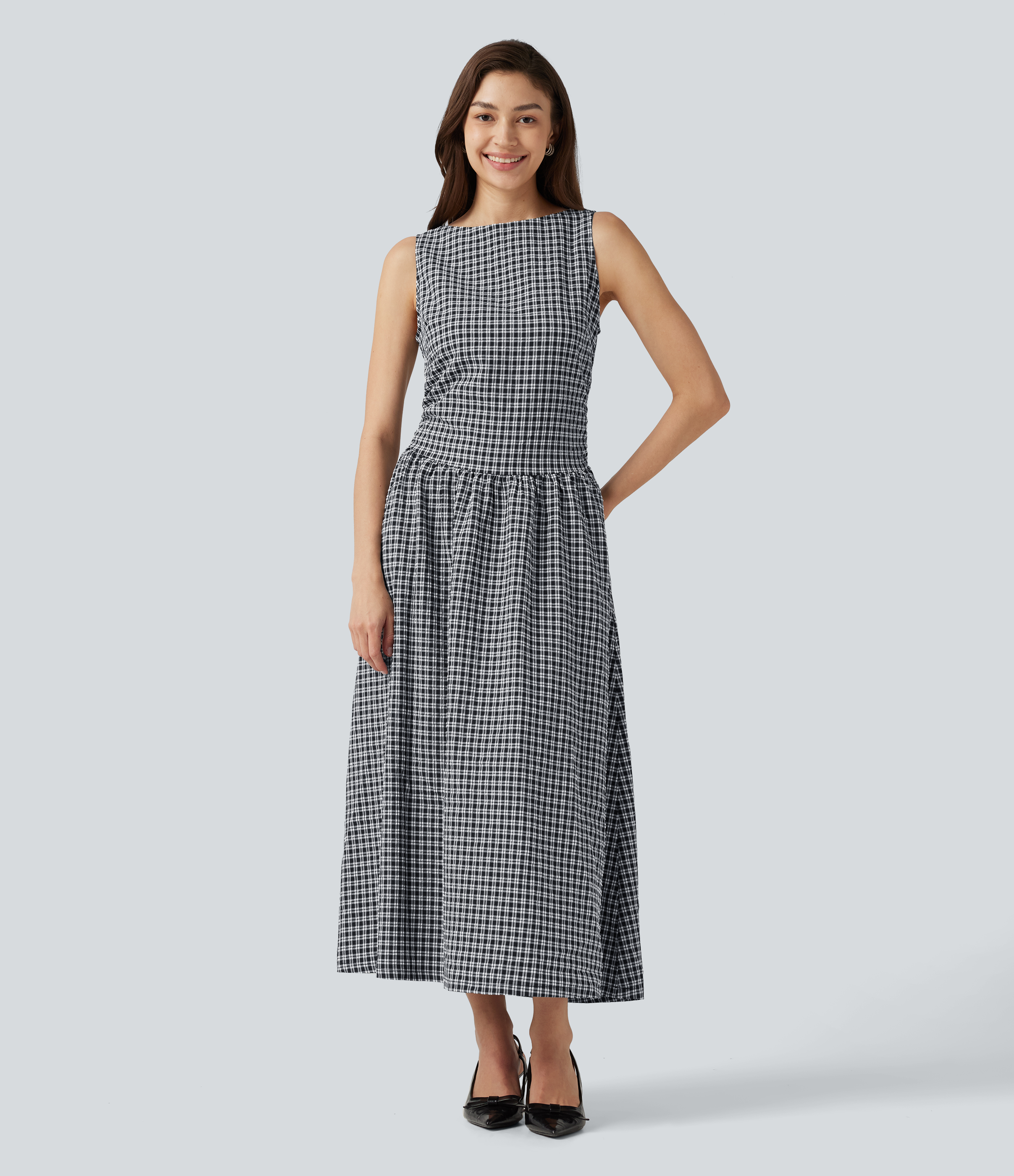 Boat Neck Sleeveless Gingham Midi Casual Dress with Pockets Casual Dress - Monochrome Check