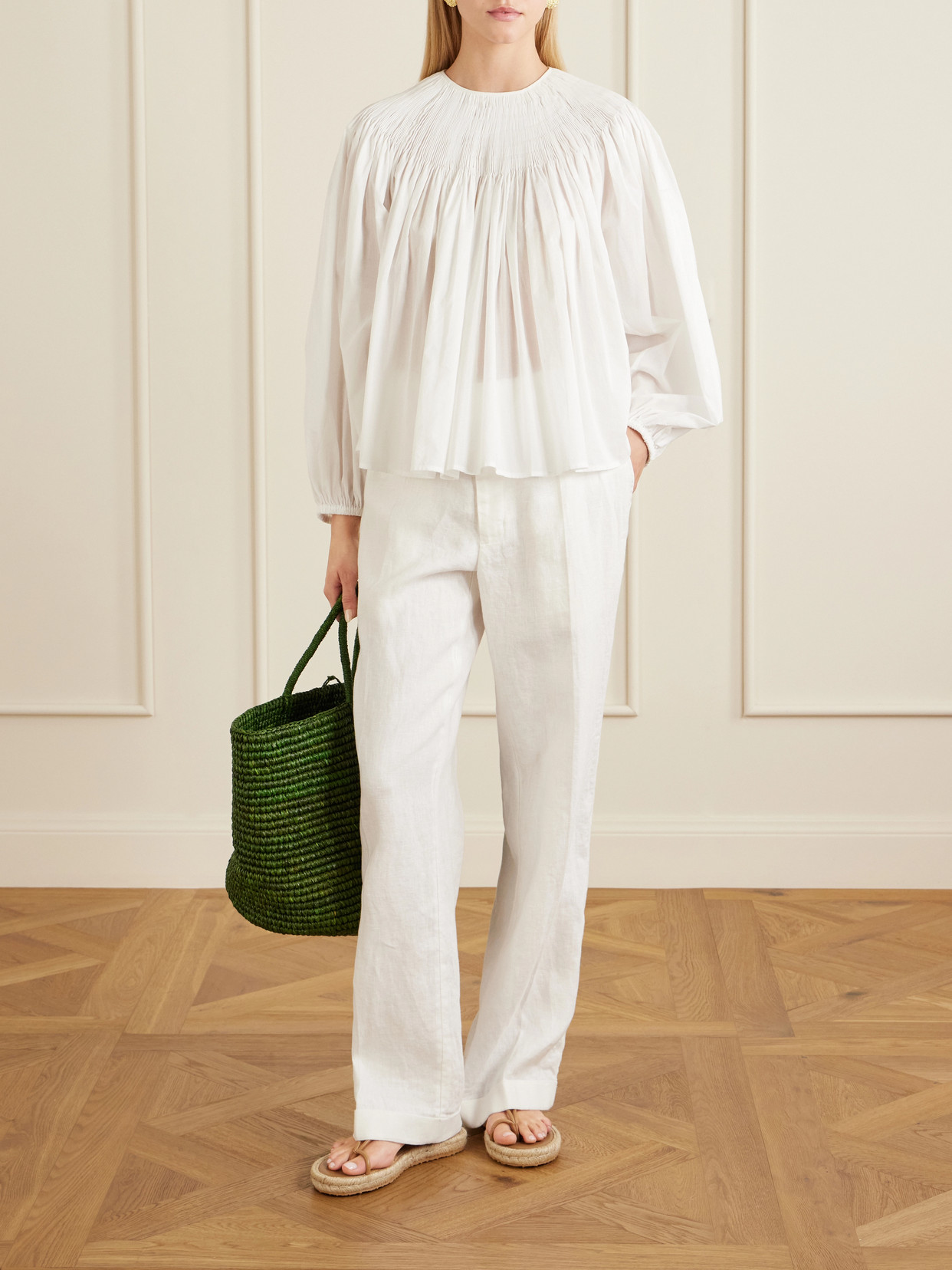 Pleated Linen Straight-leg Pants - White