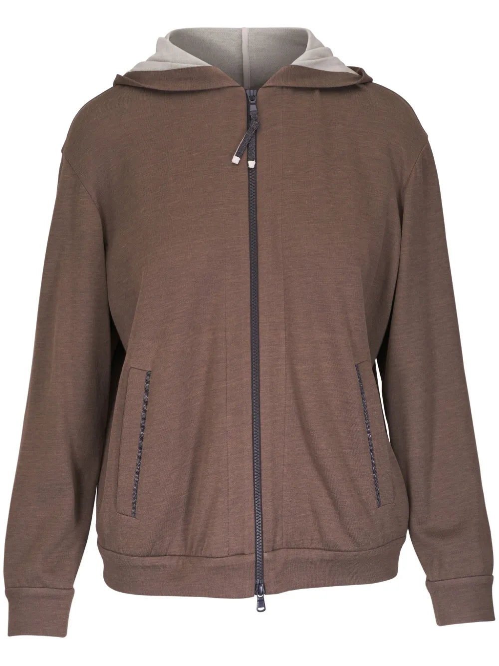 Cotton-Silk Blend Hooded Cardigan — Brown