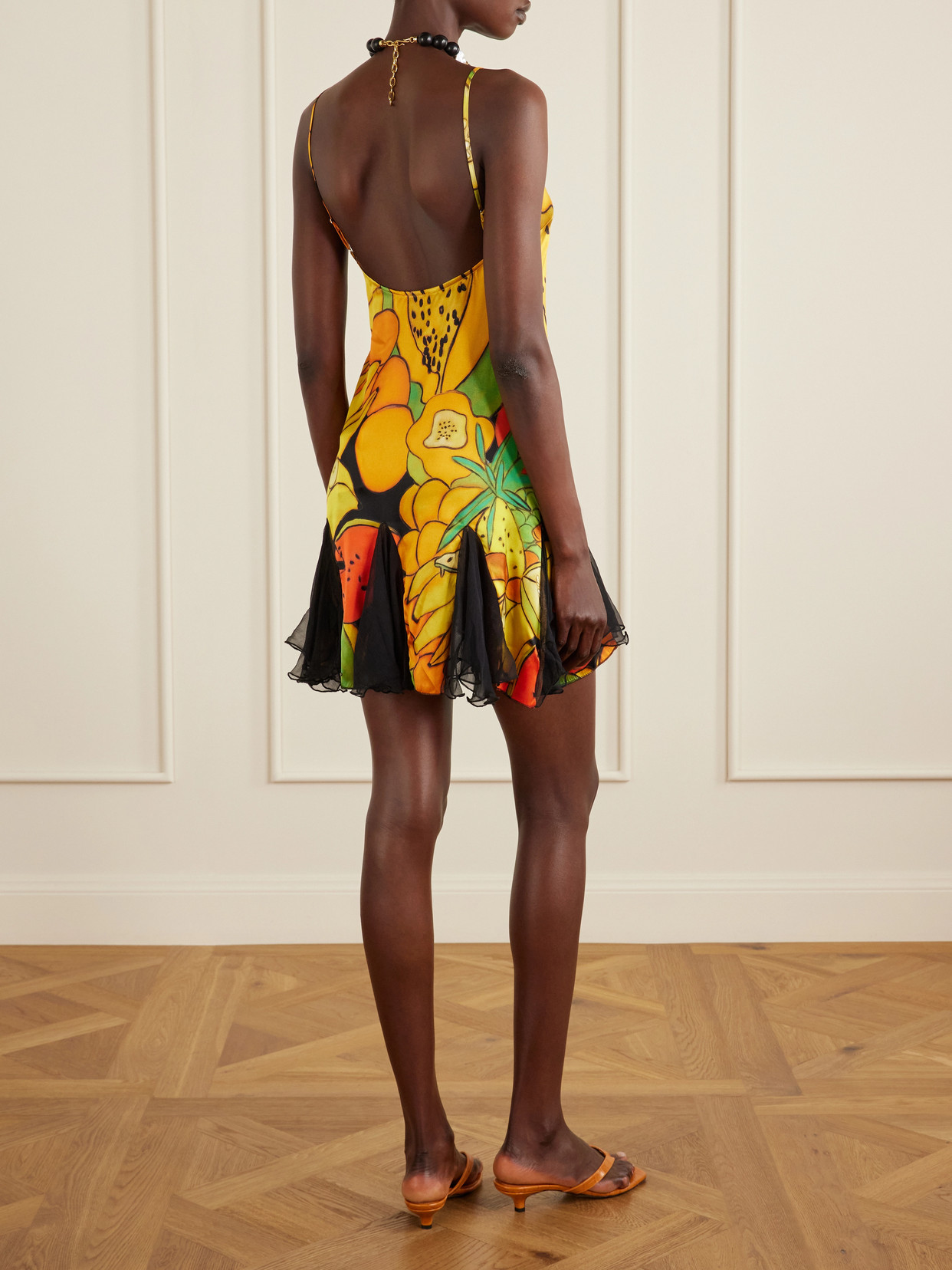 Frutas Ruffled Lace-trimmed Printed Silk-blend Satin And Chiffon Mini Dress - Multi