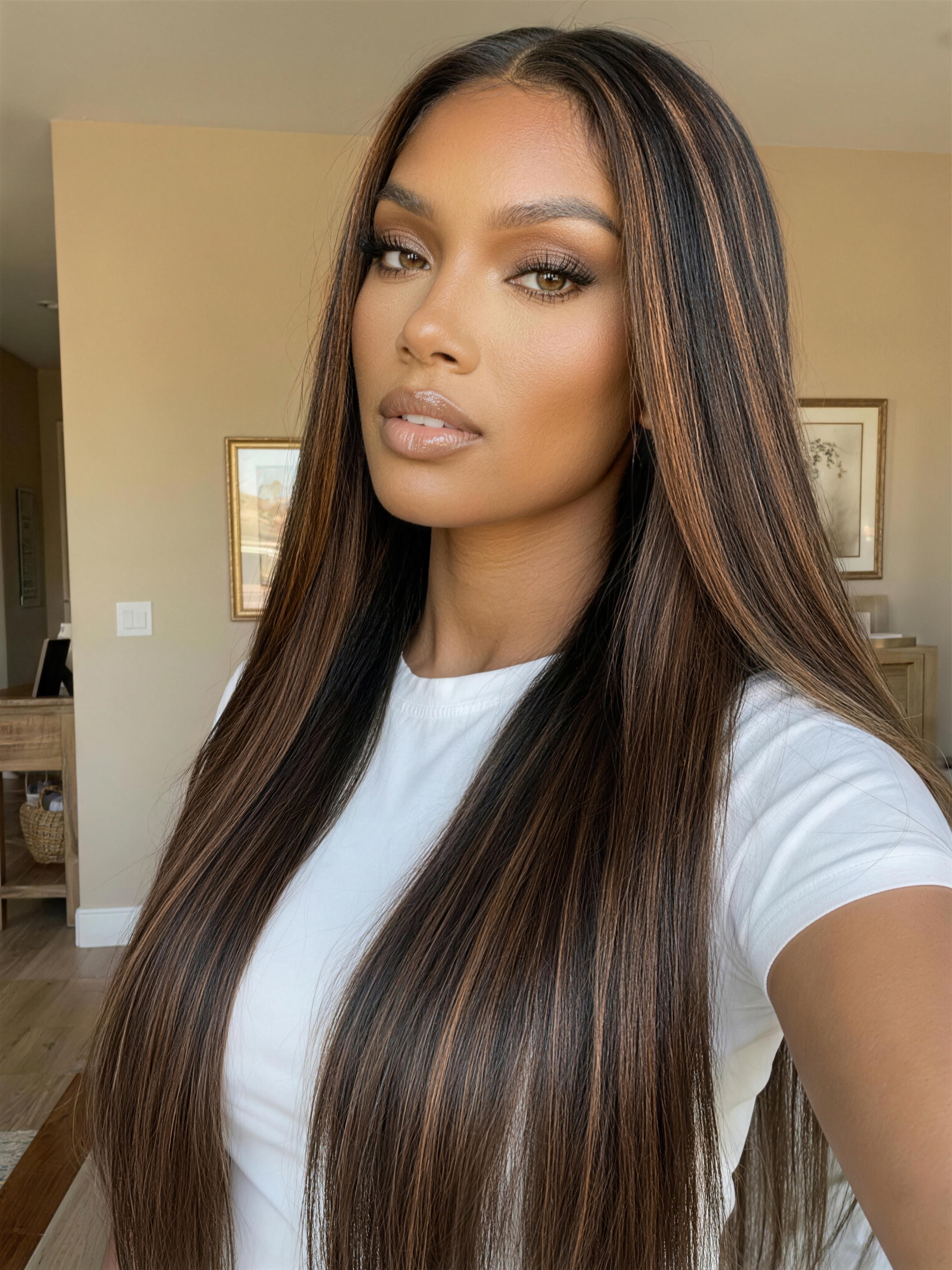 UNice 7x5 Bye Bye Slip Lace Black with Golden Brown Highlights Yaki Straight Wig with Invisi Drawstring