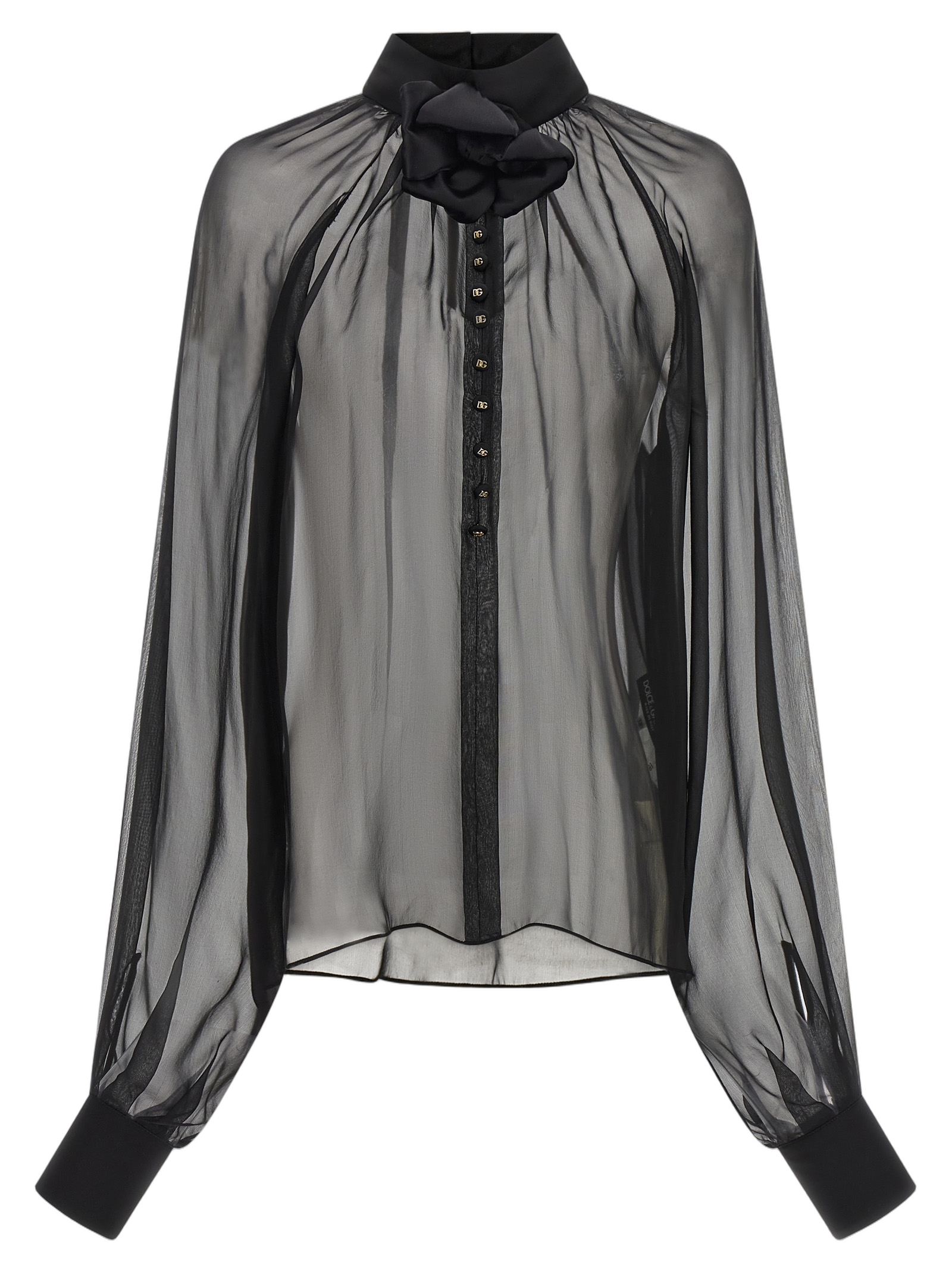 Silk Chiffon with 3D Floral Collar Blouse — Black