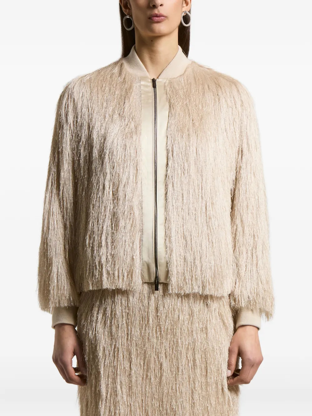 Fringed Bomber Jacket — Beige