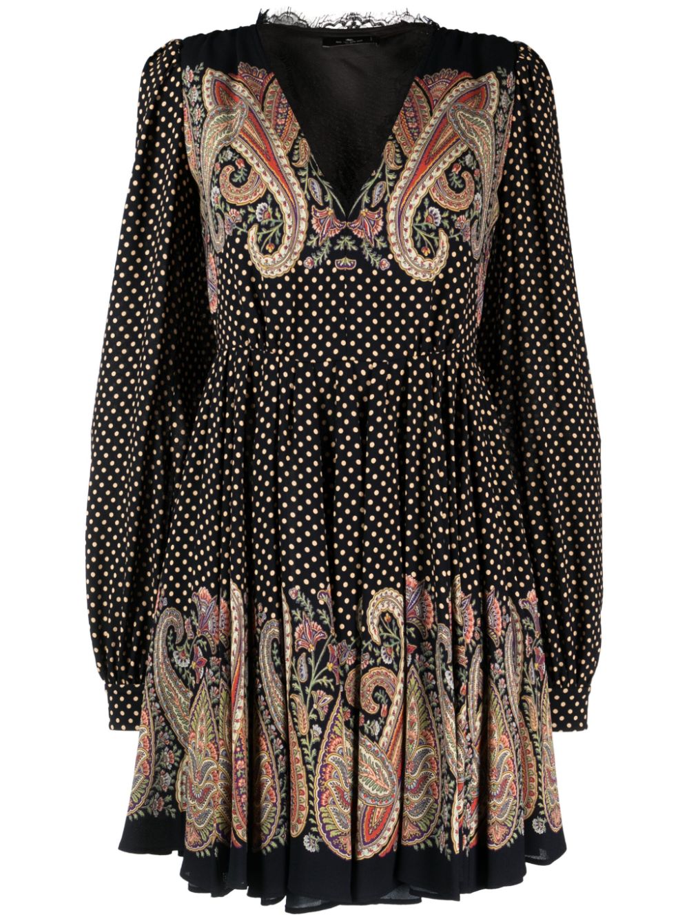 Lace-trim polka-dot flared dress - Black