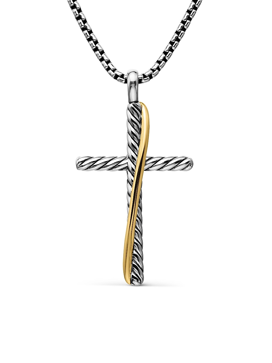 Women's Crossover Cross Necklace in Sterling Silver with 18K Yellow Gold, 35.6MM - Silver