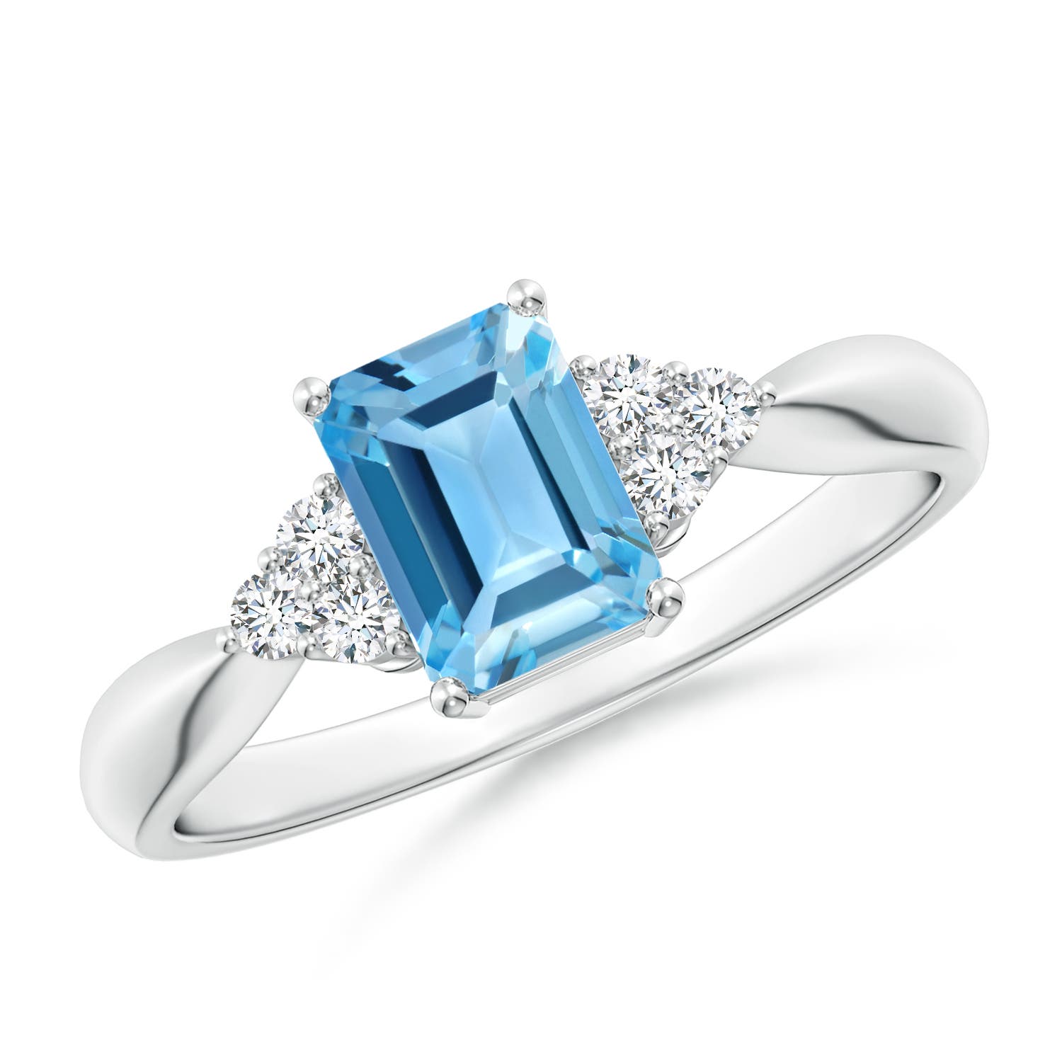Angara 1.2 Carats Emerald-Cut Swiss Blue Topaz Ring with Trio Diamonds in Platinum