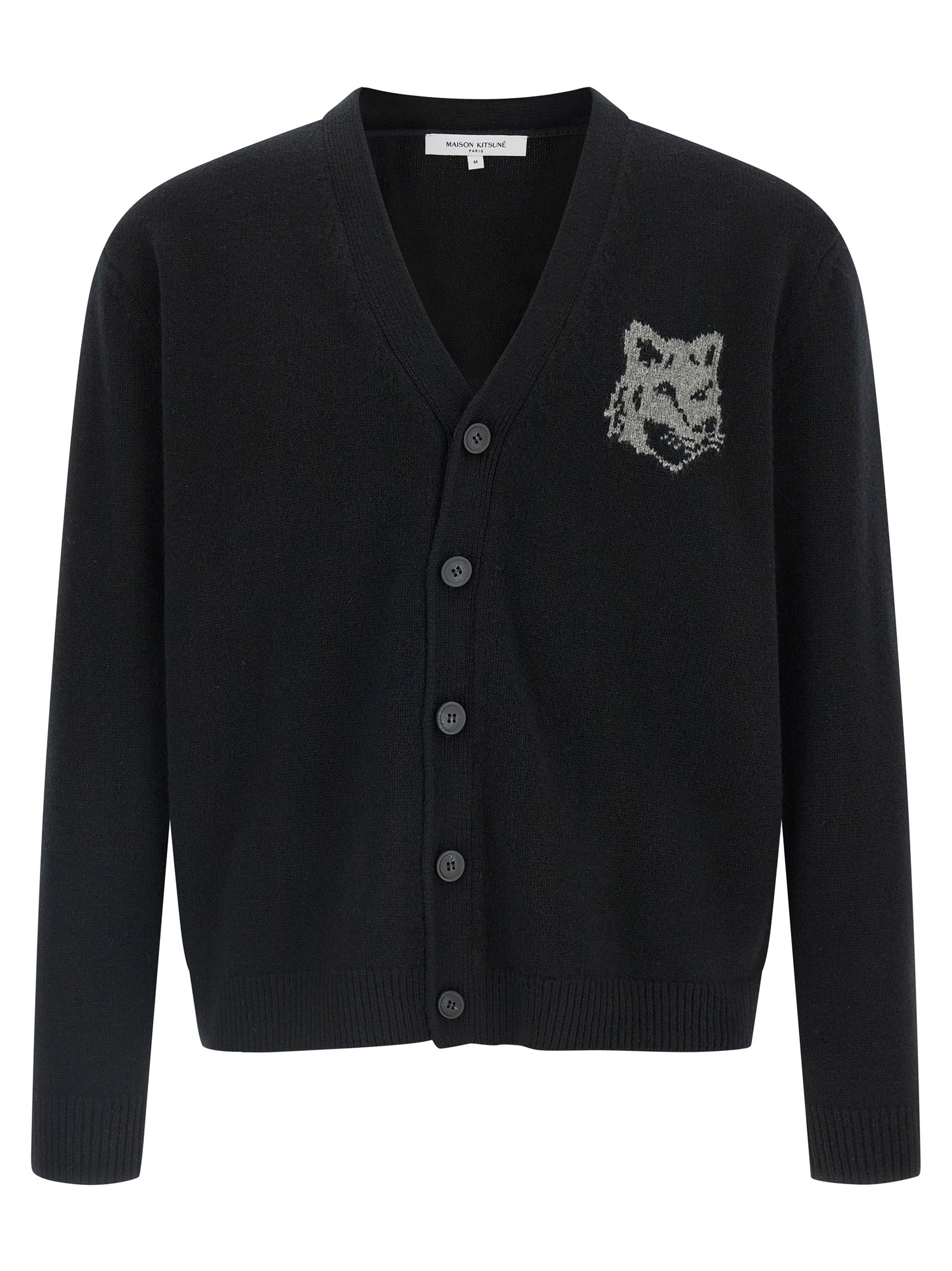 Fox Head Intarsia Merino Wool Cardigan — Black