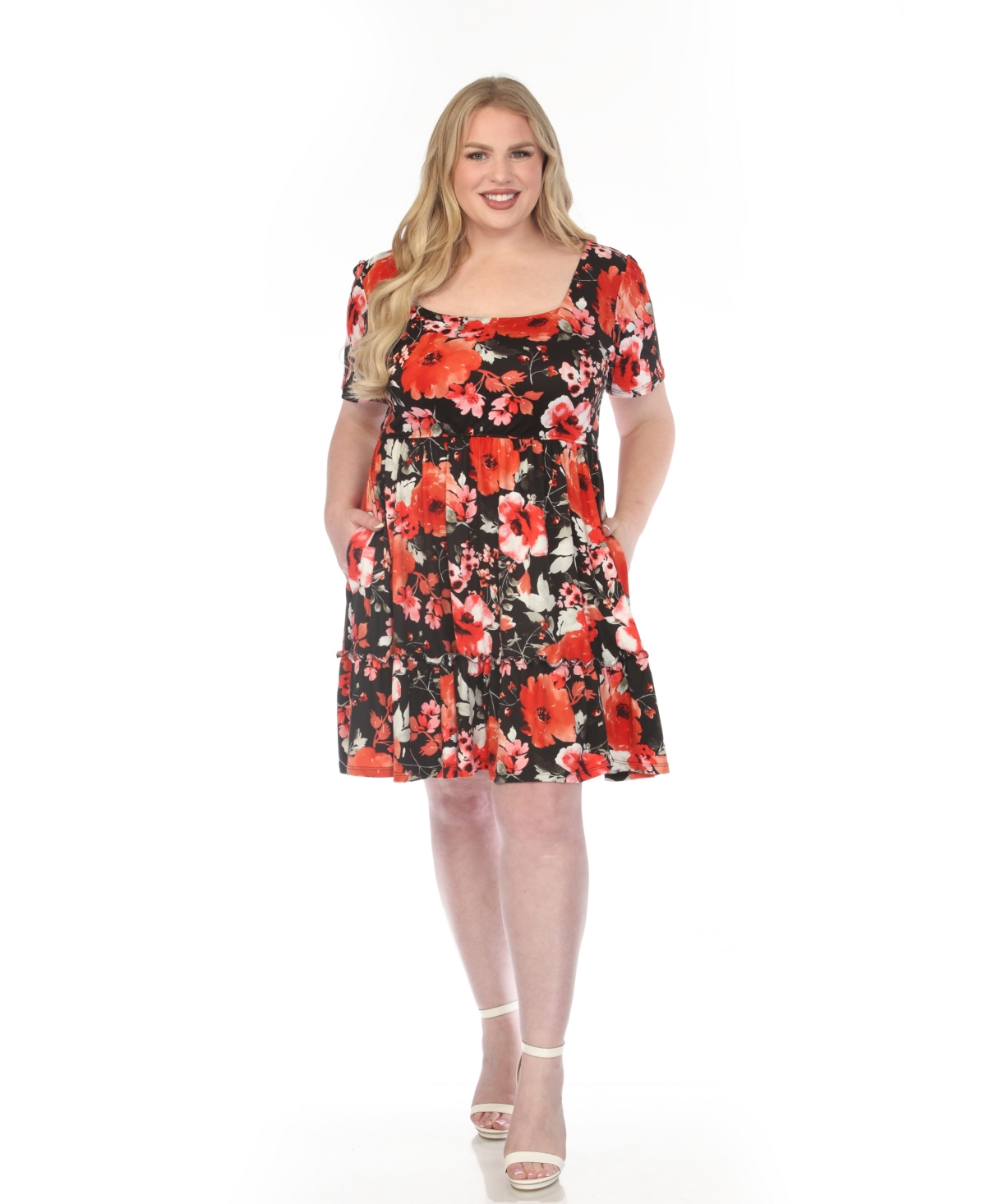 Plus Size Square Neck Short Sleeve Floral Dress - Black