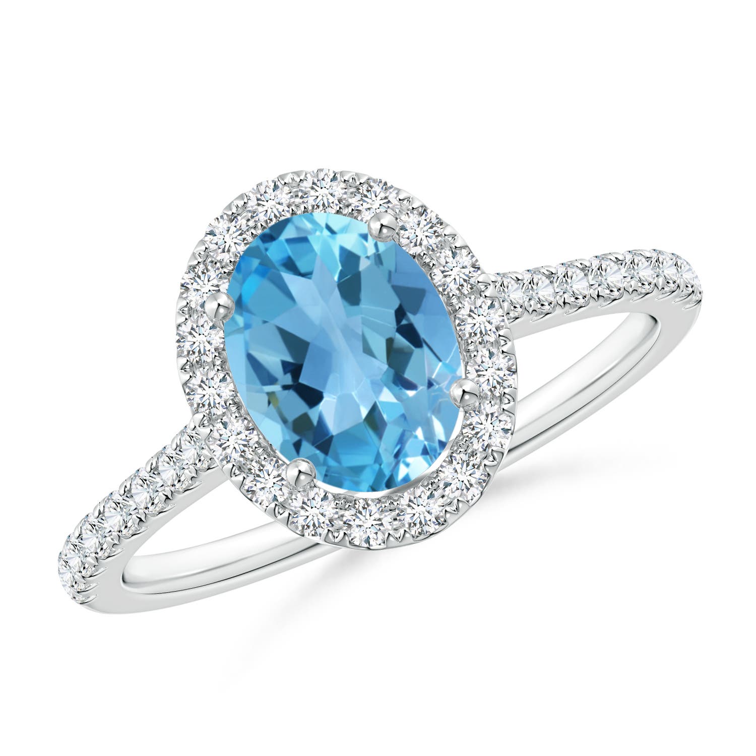 Angara 1.5 Carats Prong-Set Oval Swiss Blue Topaz Halo Ring with Diamond Accents in Platinum