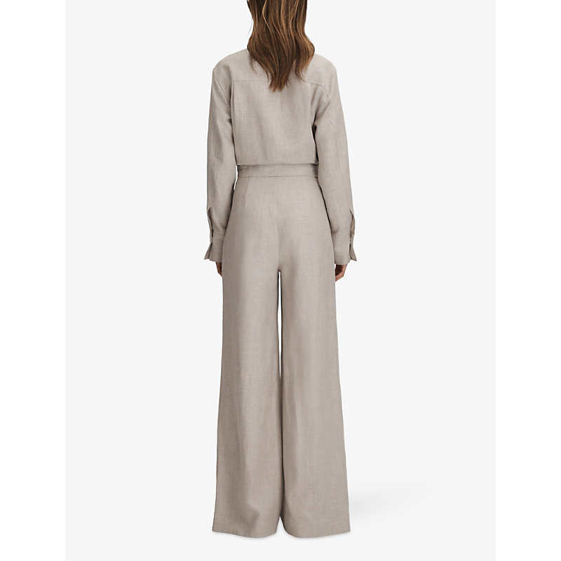 Womens Neutral Anita Long-sleeve Wide-leg Linen Jumpsuit