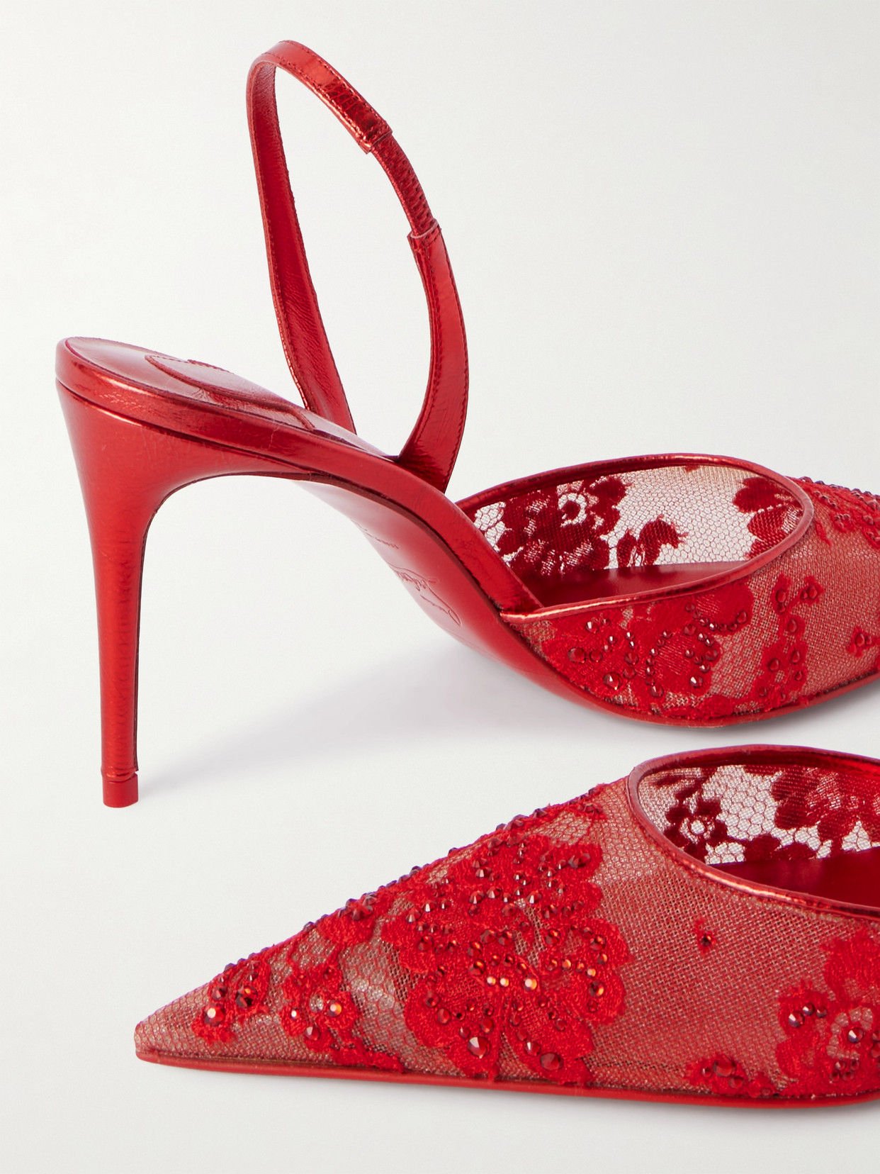 Kate Max Metallic Leather-trimmed Crystal-embellished Lace Slingback Sandals - Red