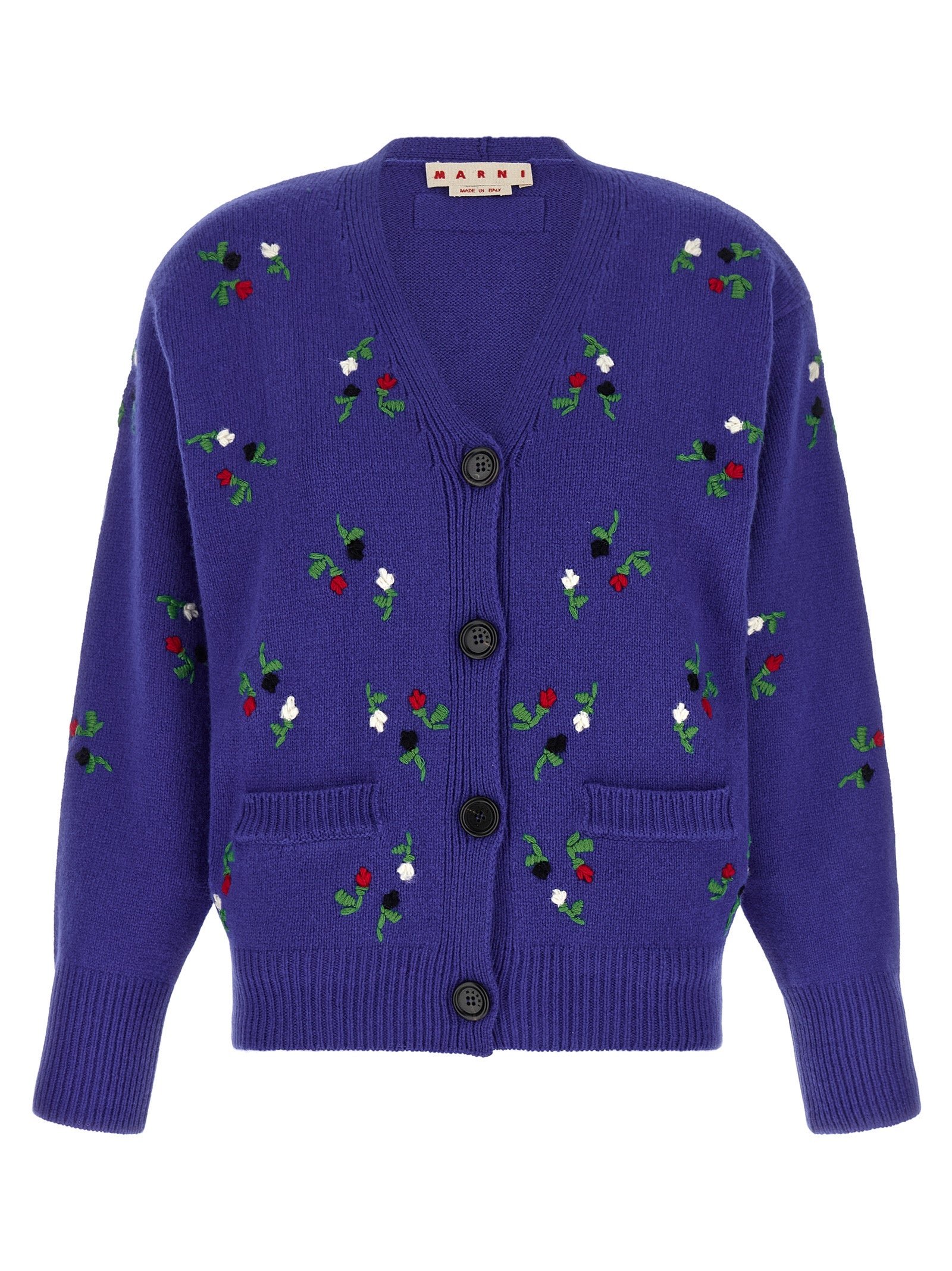Floral-Embroidered Virgin Wool Cardigan — Blue