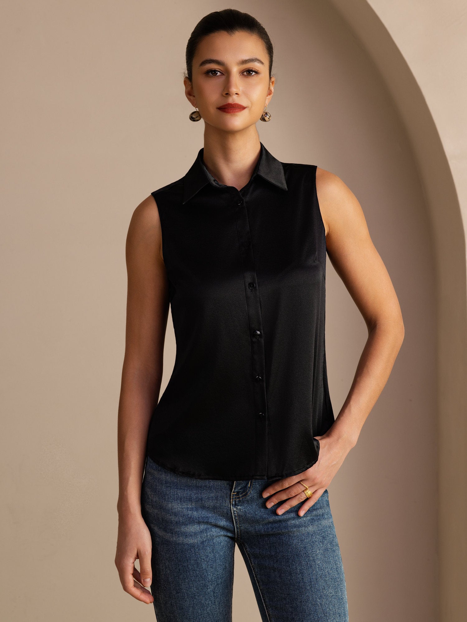 19Momme Silk Sleeveless Lapel Collar Women's Shirt with Button Up Design