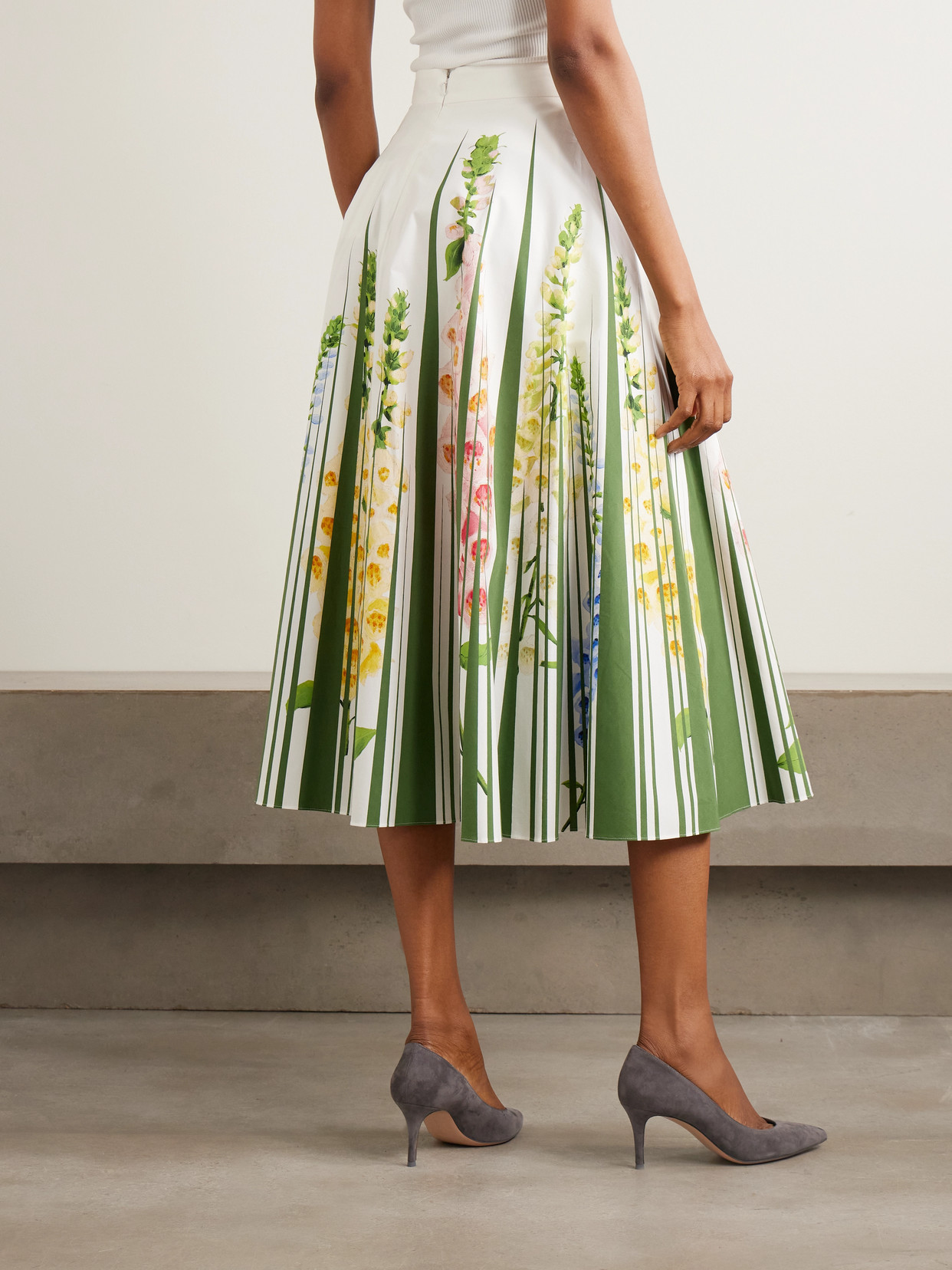 Foxgloves Floral-print Cotton-blend Poplin Midi Skirt - Green