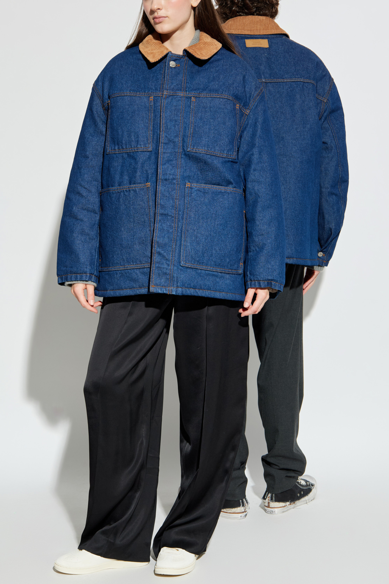 Insulated Jacket With Corduroy Collar, Unisex, Navy Blue
