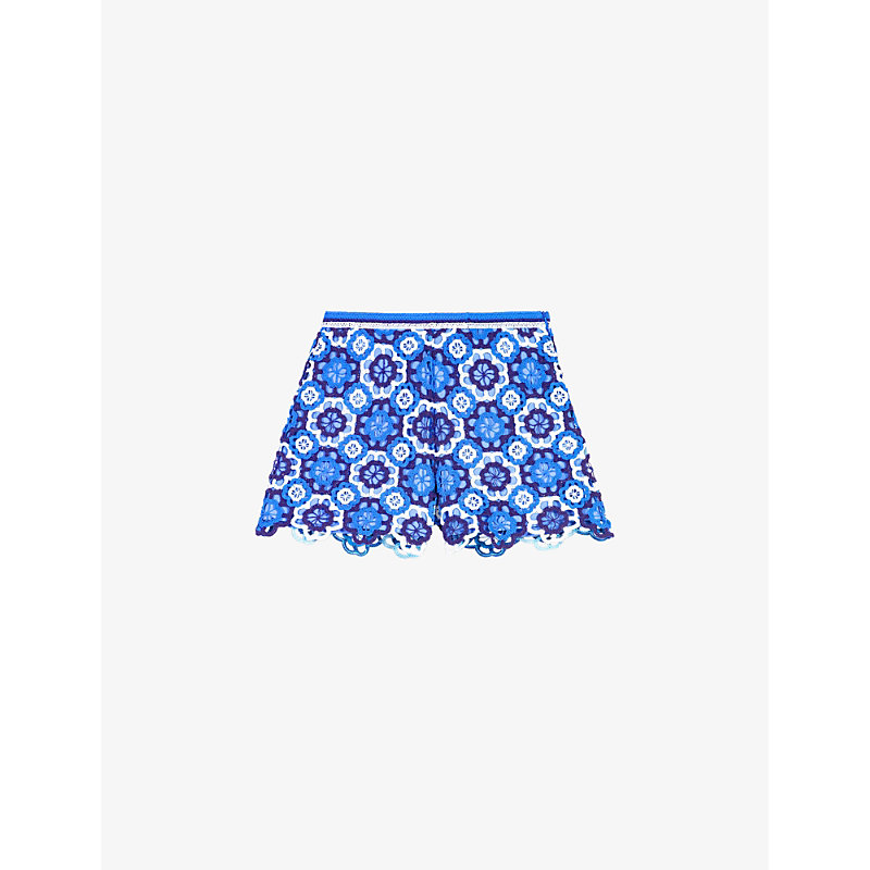 Womens Bleus Clover-motif Crochet Knitted Shorts