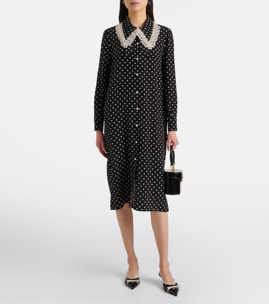 Polka-dot lace-trimmed silk shirt dress