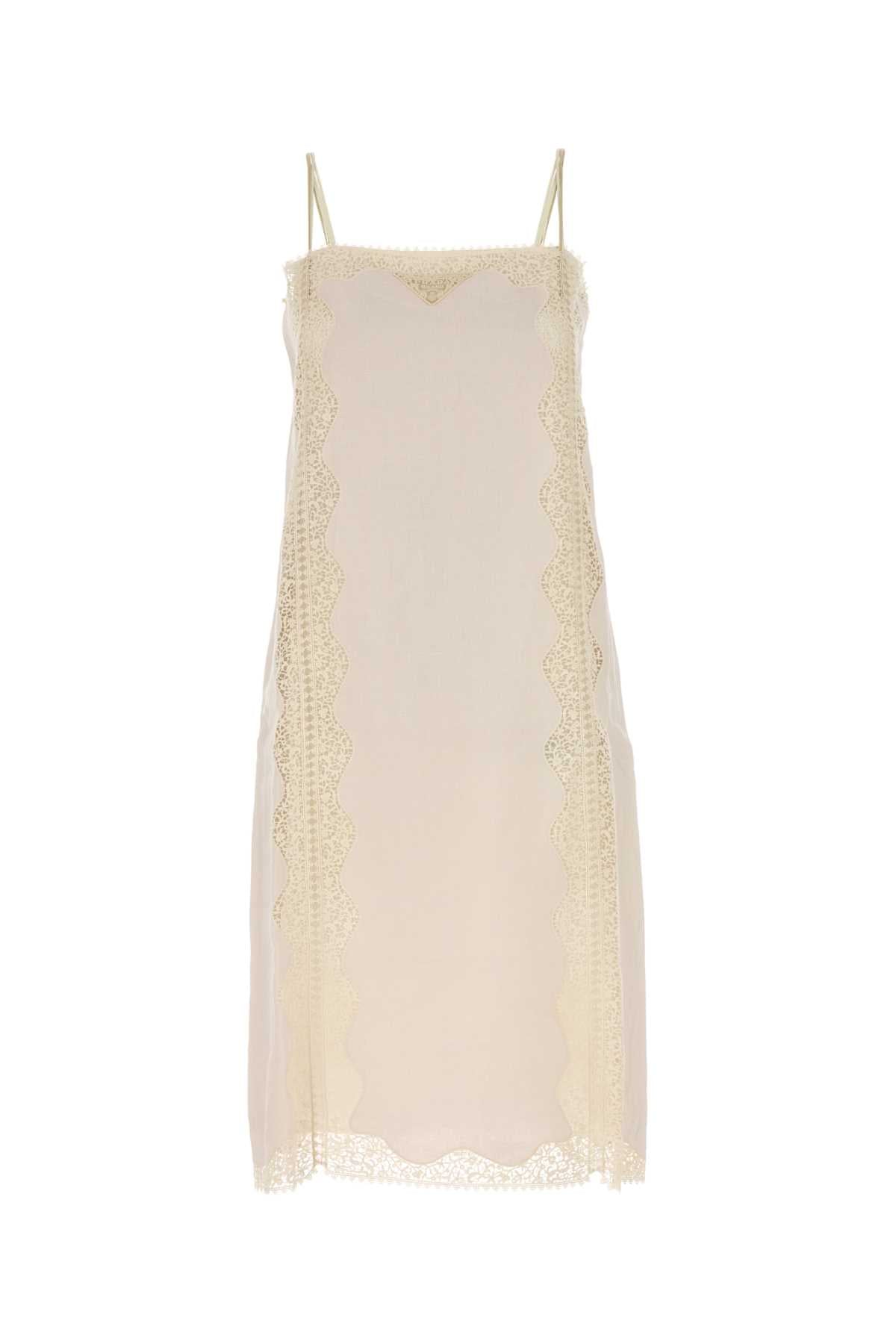 Lace-Trimmed Linen Dress — Beige