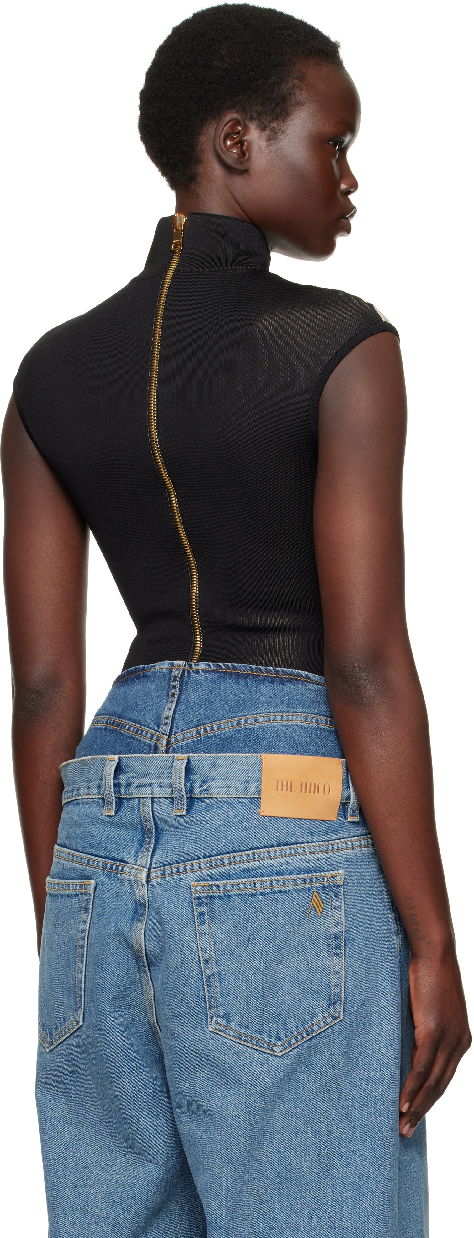 Balmain Black & Beige Jacquard Knit Torso Motif Bodysuit