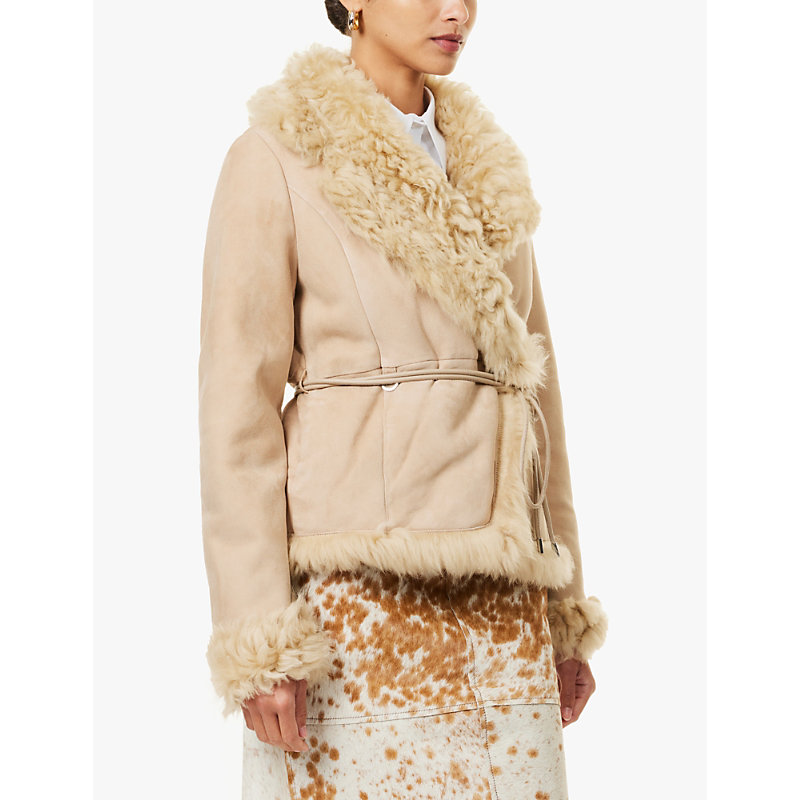 Womens Light Beige Moss Shearling-trim Suede Jacket 