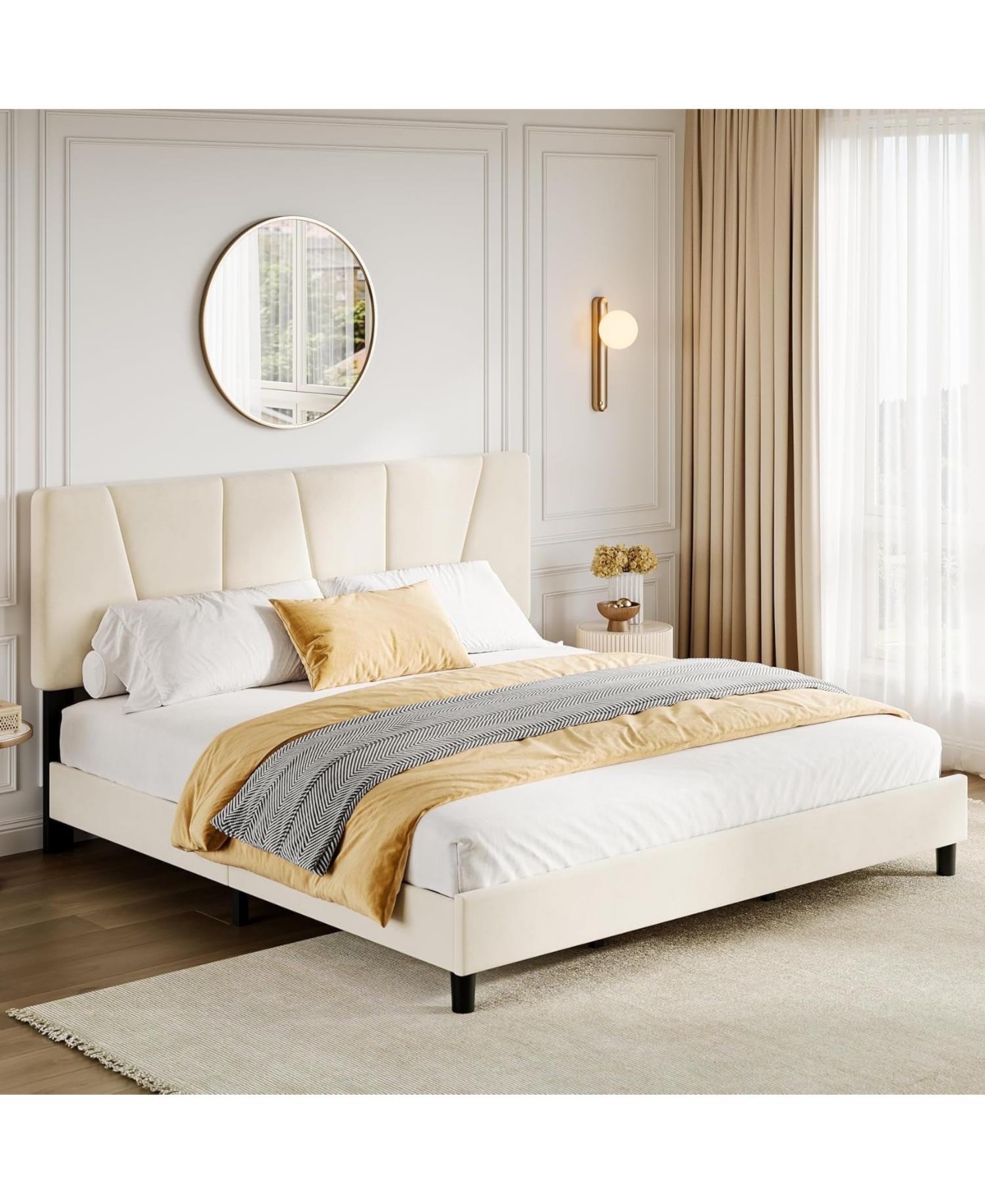 Upholstered Bed Frame- Adjustable Velvet Headboard Wood Slats No Box Spring Needed