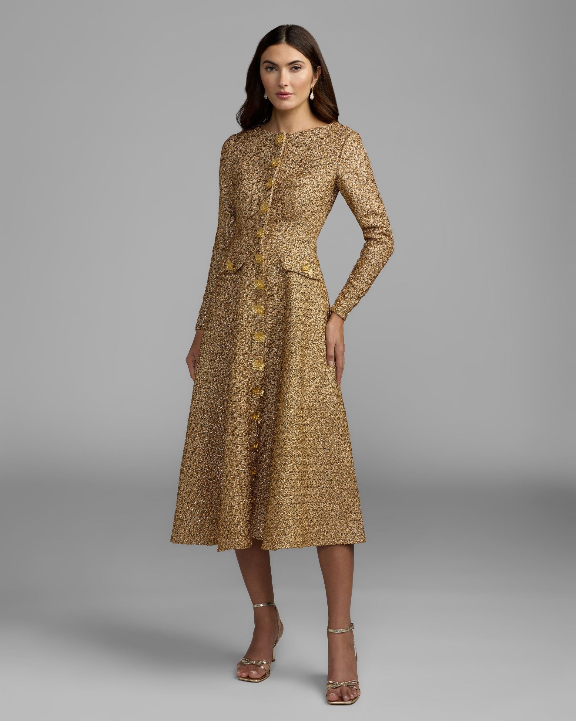Gold Metallic Sequin Boucl Midi Dress