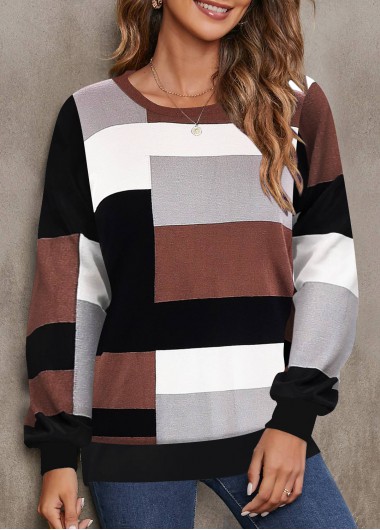 Modlily Dark Coffee Patchwork Geometric Print Long Sleeve Sweatshirt