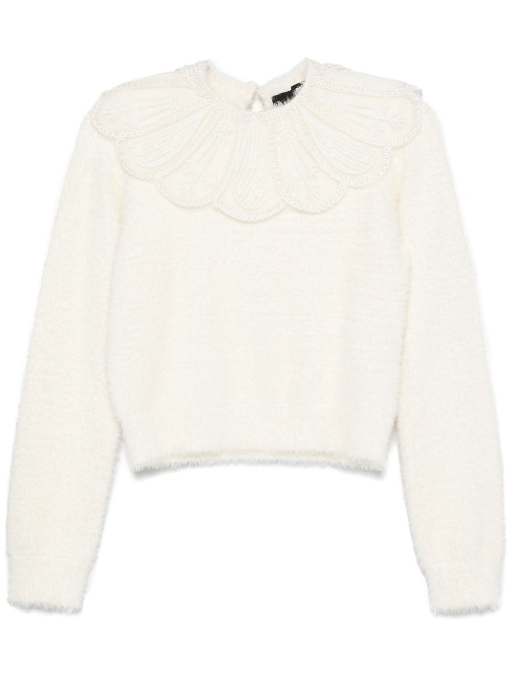 Lace-collar knit sweater - White