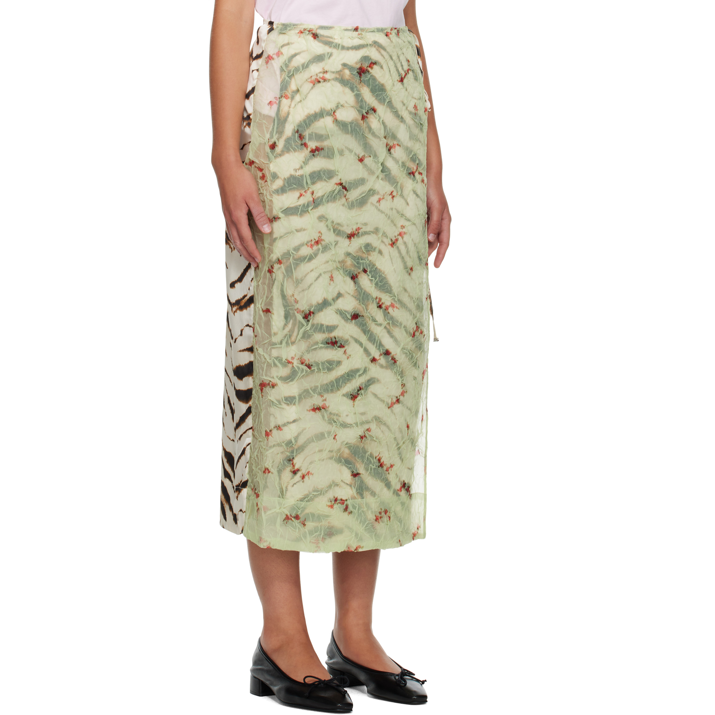 Off-White & Green Shibori Organza Printed Stretch Satin Maxi Skirt
