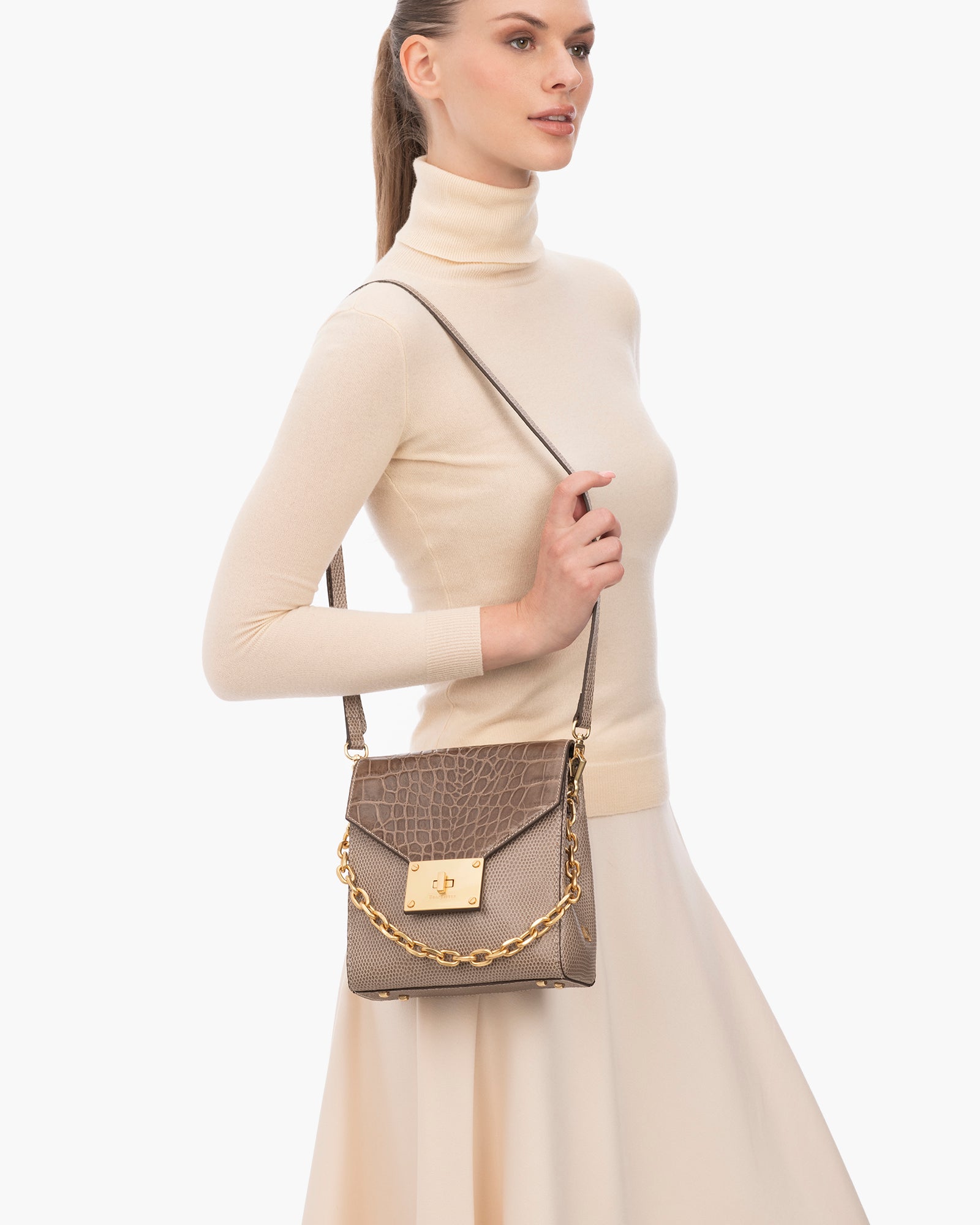 Livia Embossed Calf Leather Crossbody Bag for Women - Black, Detachable Chain Top Handle, Adjustable Strap