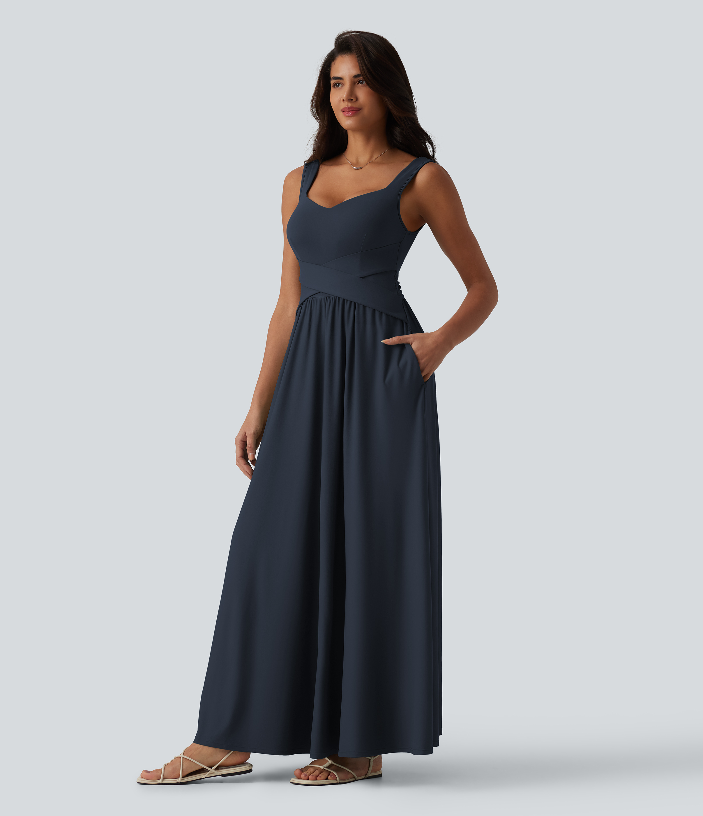Built-in Bra Flowy Maxi Casual Dress with Pockets DD-F Casual Dress - Dark Sapphire