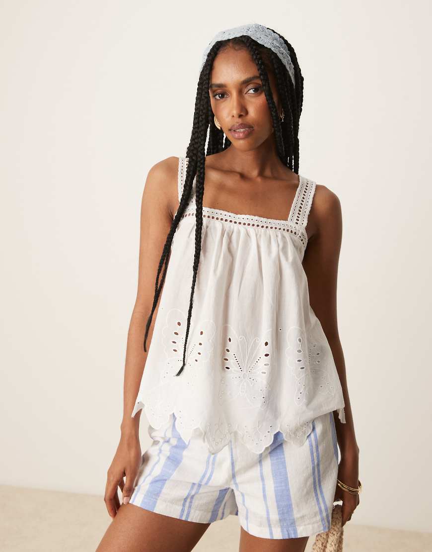 JDY cami smock top with broderie detail in white