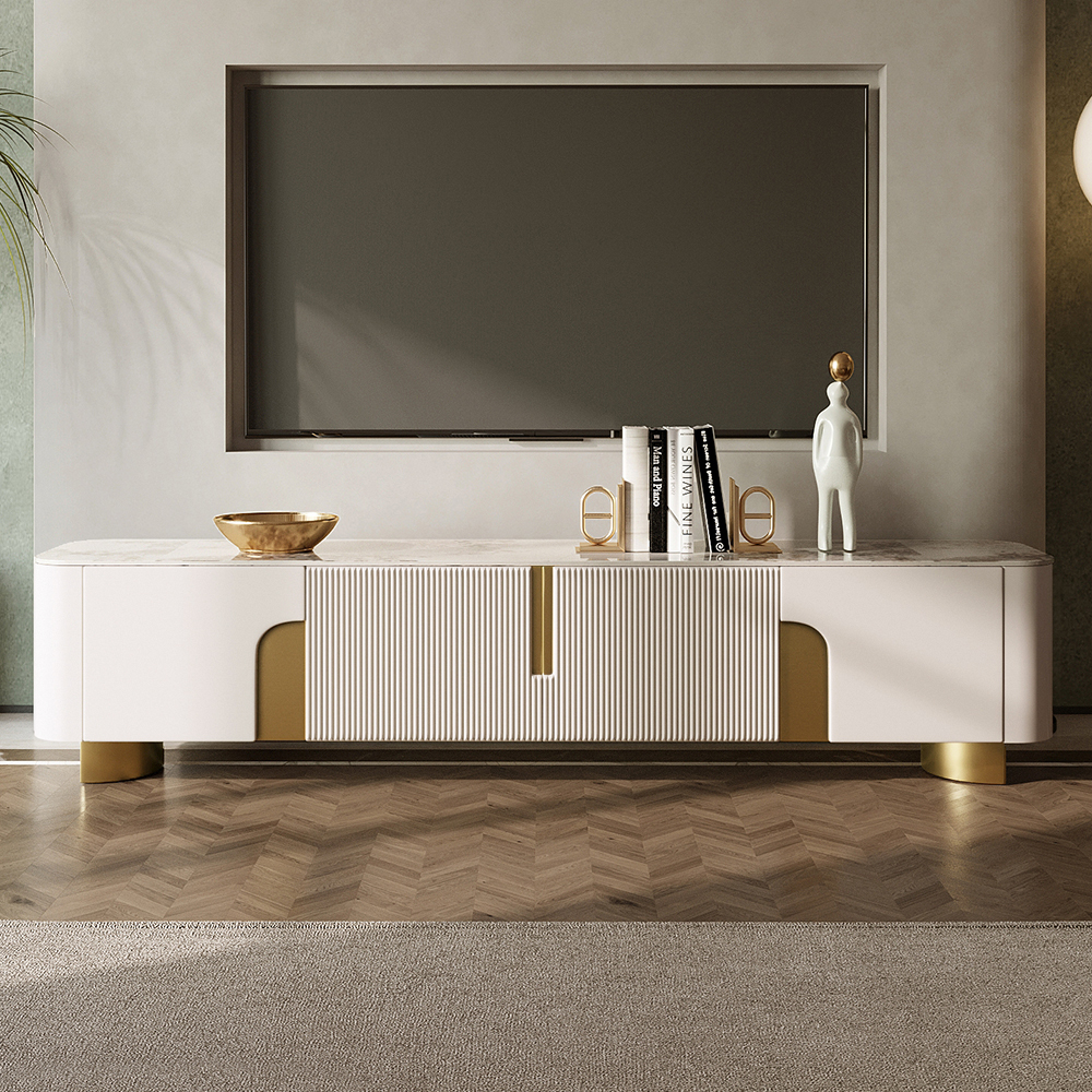 Mueble TV de 2000 mm, color beige y dorado, mesa de TV con tapa de piedra sinterizada, 4 puertas y espacio de almacenamiento