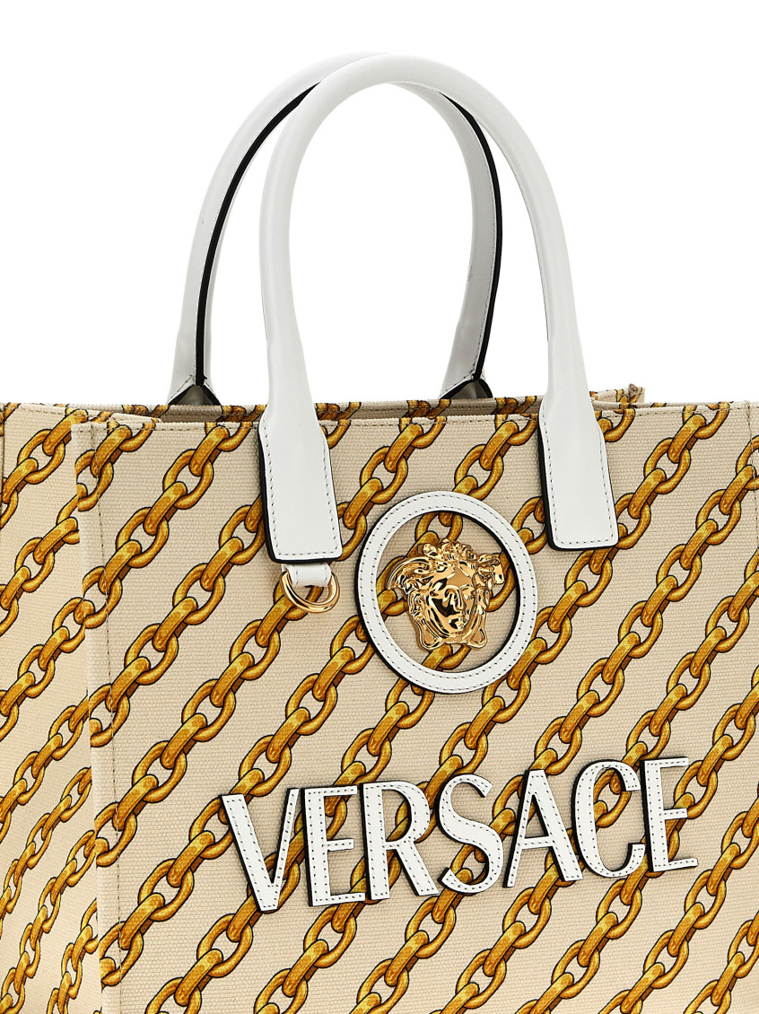 Printed Canvas Small Chain Stripes La Medusa Shopping Bag