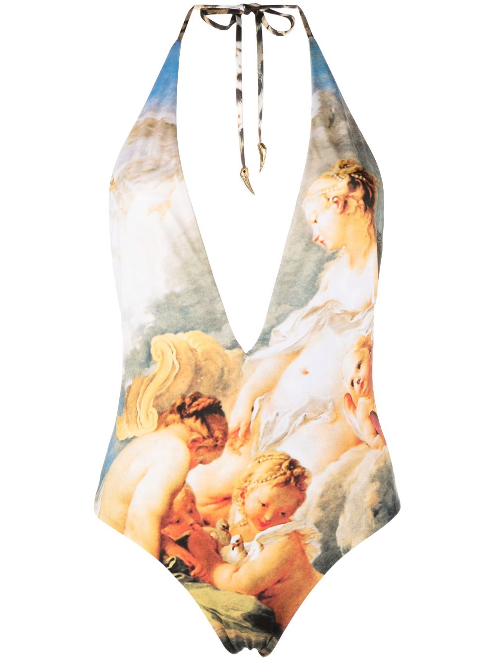 Painting-print halterneck swimsuit - Neutrals