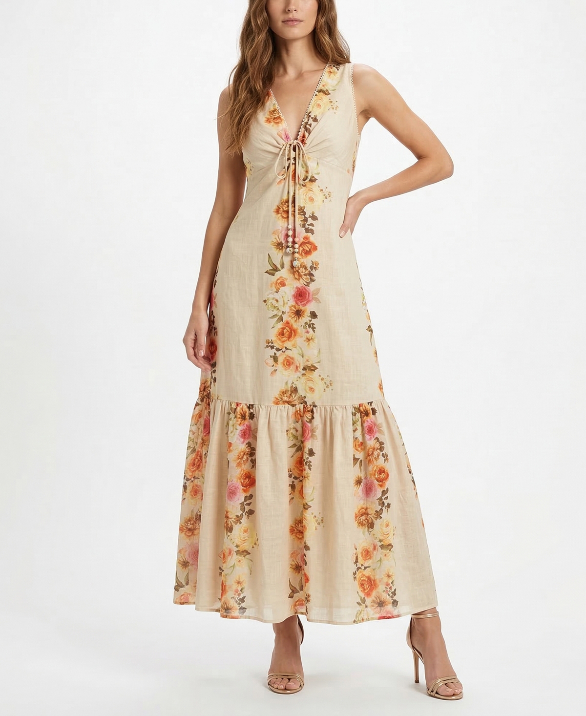 Women's V-Neck Floral Keyhole Dress - Wheat Lava