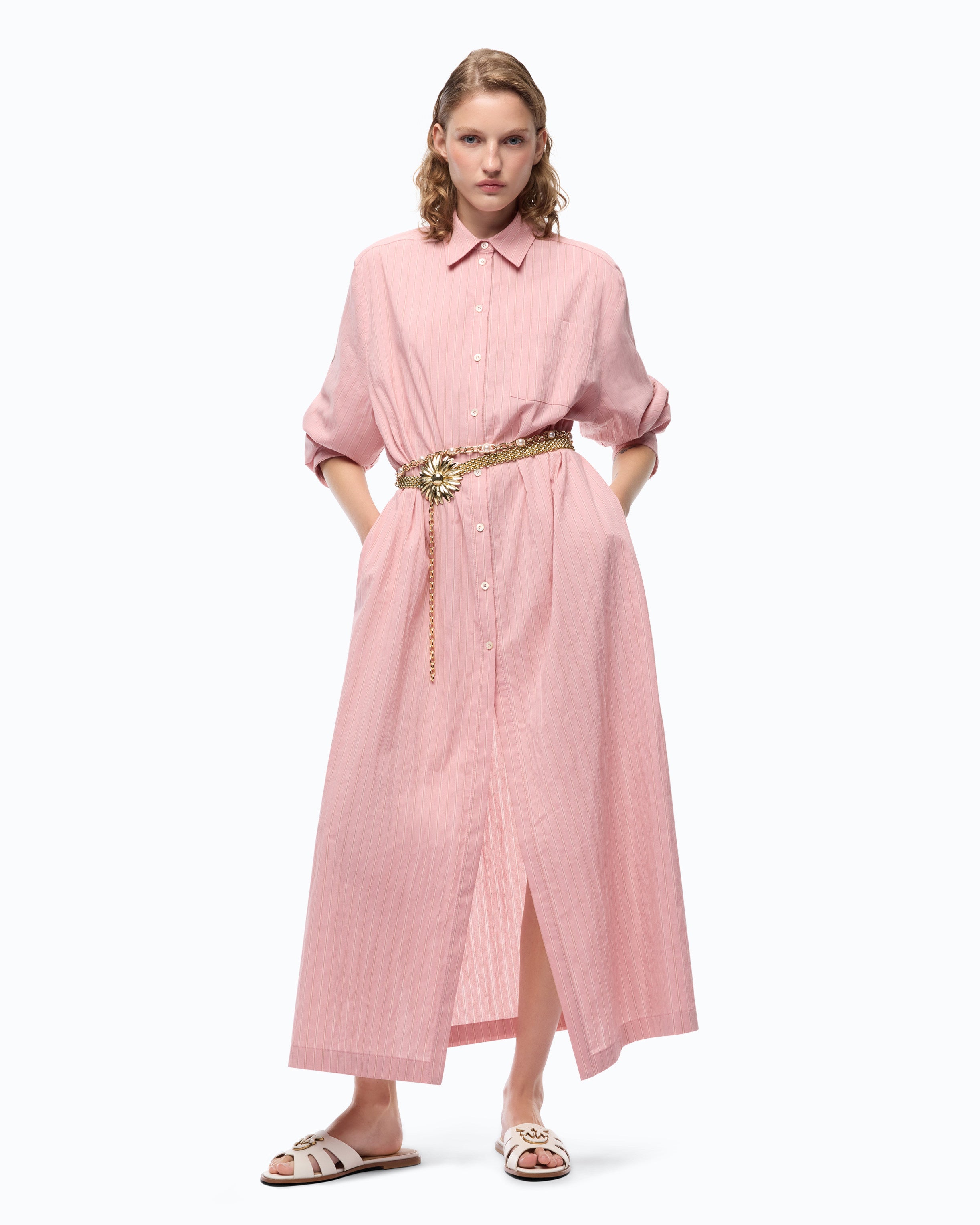Long striped chemisier dress with floral embroidery - M