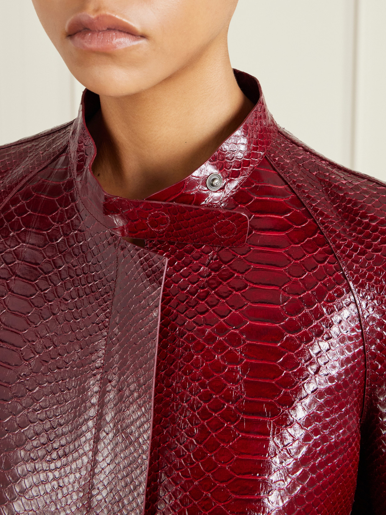 Snake-effect Leather Coat - Burgundy