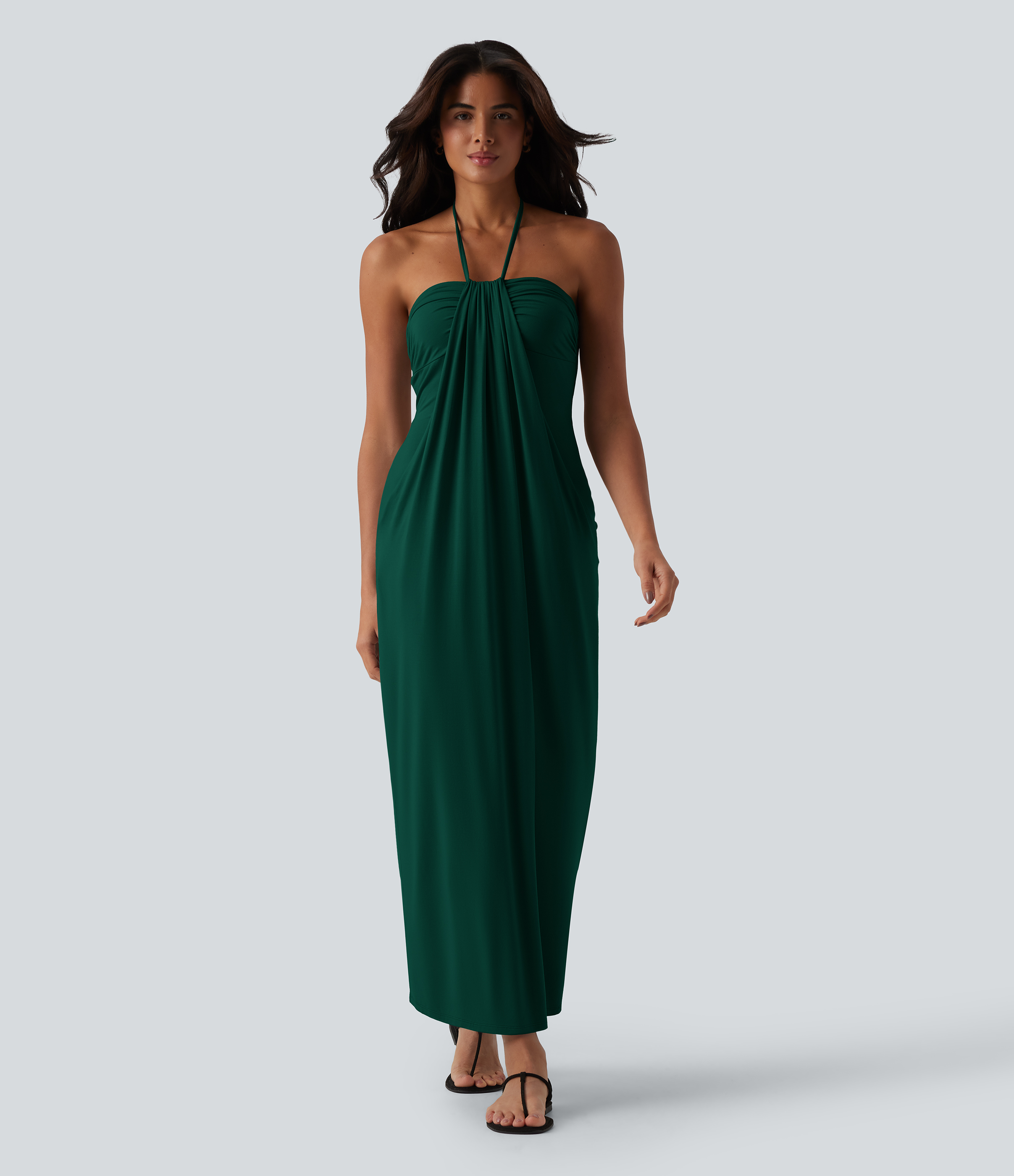 Halter Tie Back Maxi Dress with Pockets Casual Dress - Emerald Green