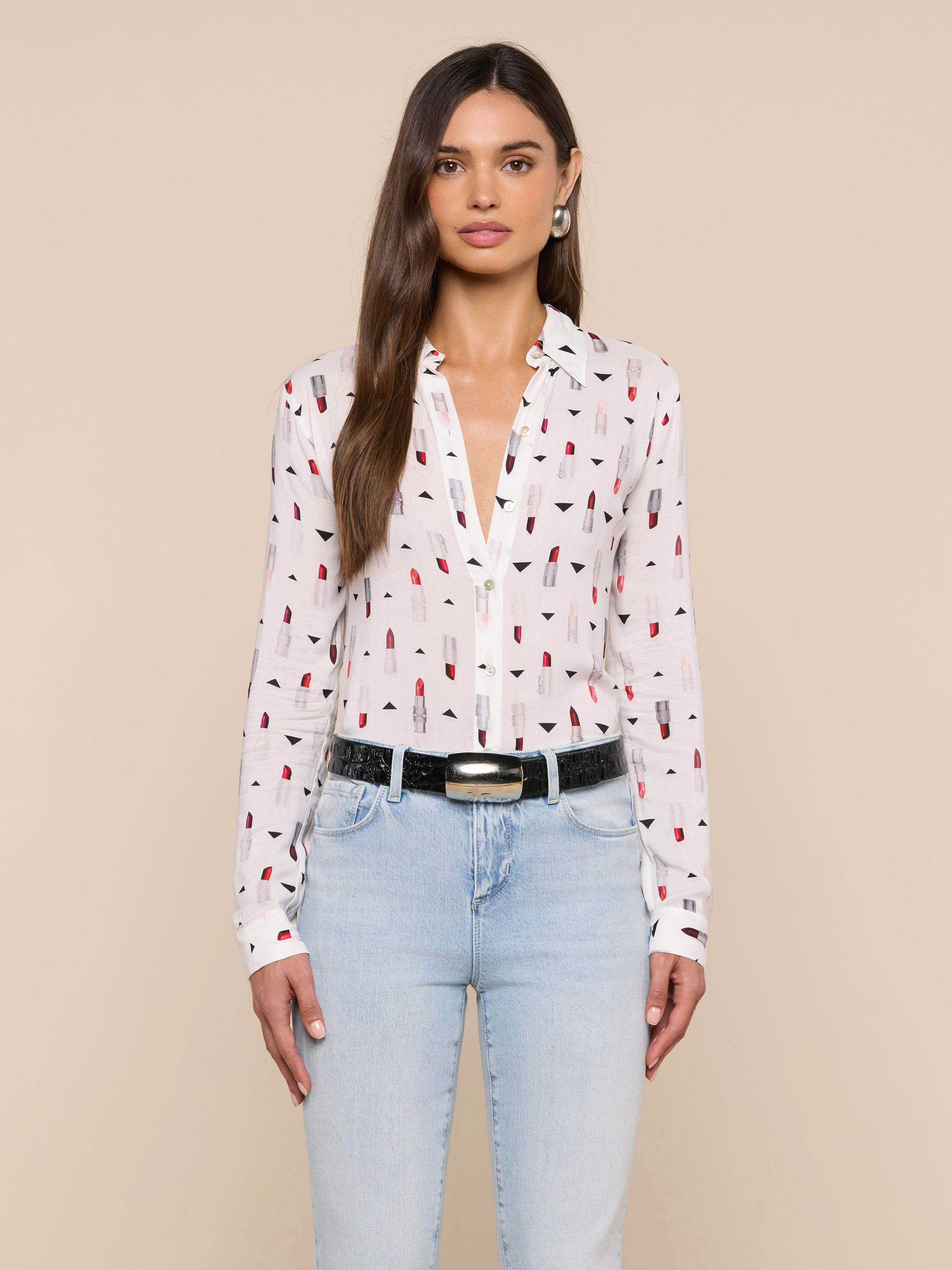 Holly Blouse Top In Ivory Multi Lipstick Geo