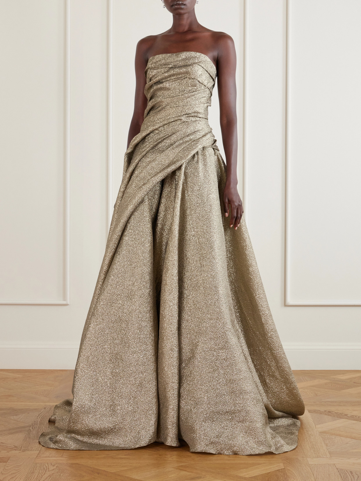 Off-the-shoulder Draped Brocade Gown - Gold