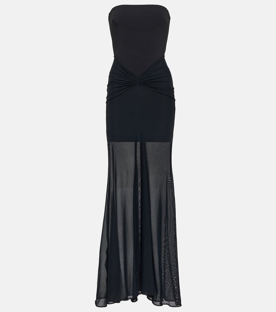 Tulle-trimmed ruched bustier gown