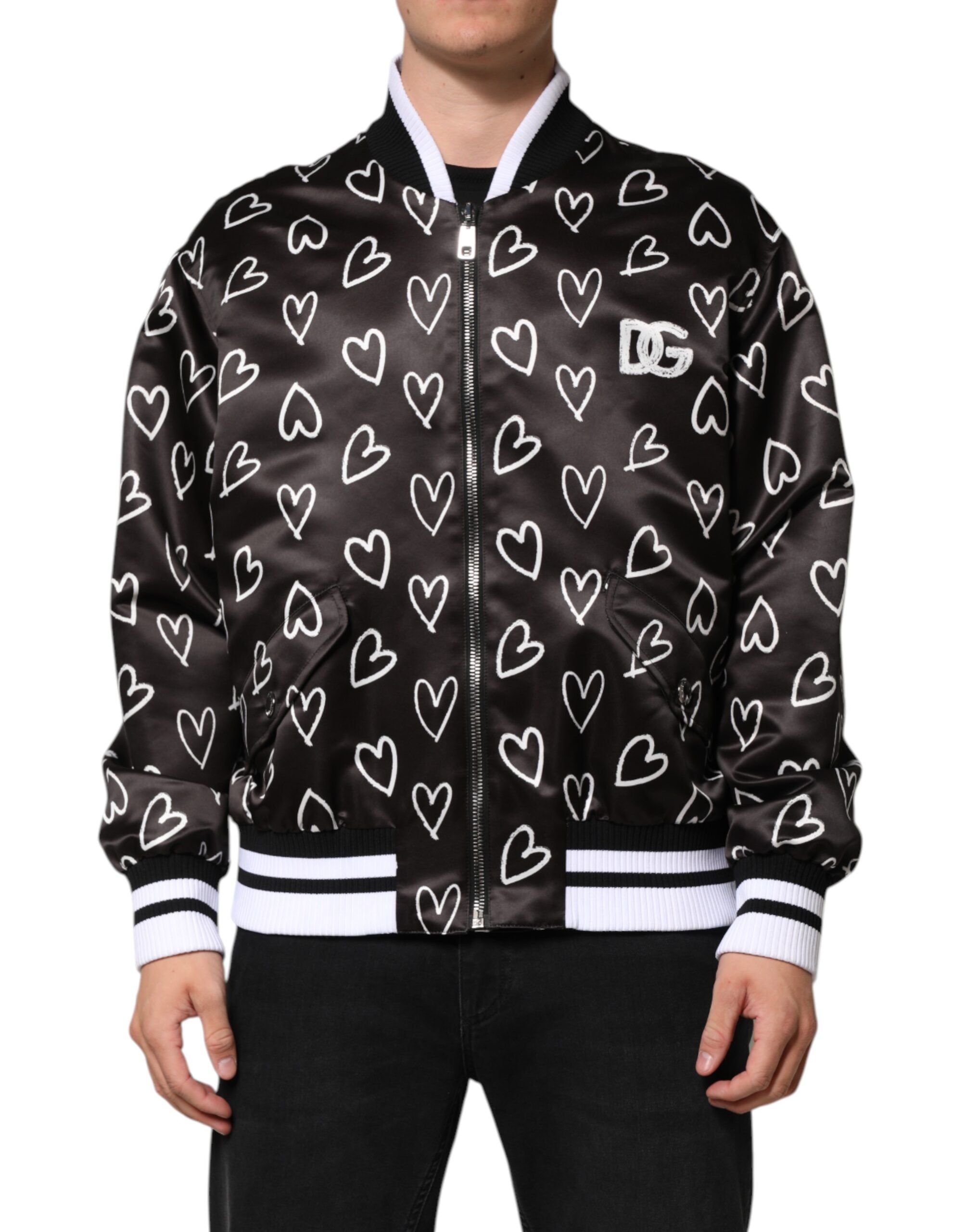 Heart-Print Polyester Bomber Jacket — Black
