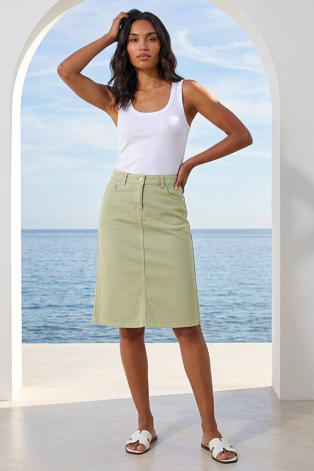 Roman Cotton Denim Stretch A Line Skirt In Light Green